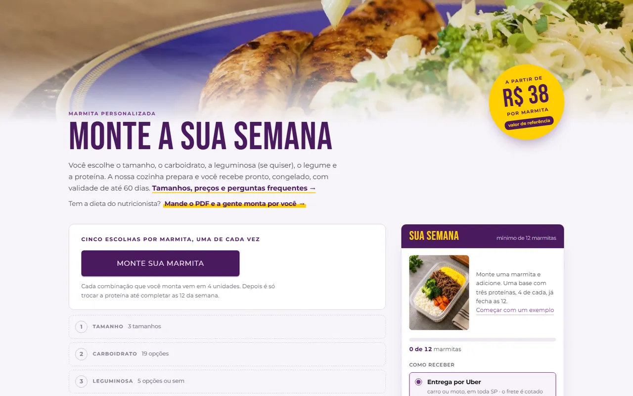 Montador de marmita: cinco escolhas por marmita e o resumo da semana, com mínimo de 12 marmitas.